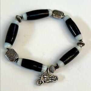 925 silver Black and Silver Beaded Bracelet with Motorcycle Charm​​